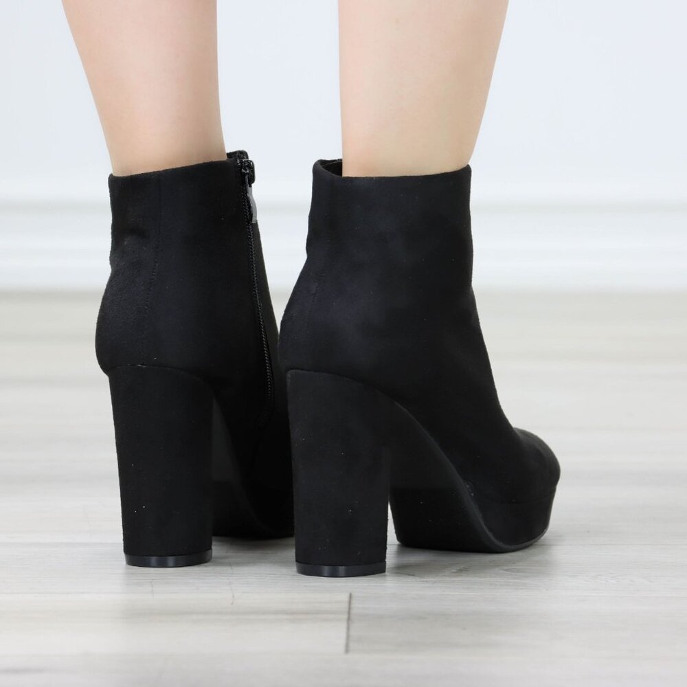 Black Faux Suede Platform Booties Block Heel Side Zip - Picture 6 of 11